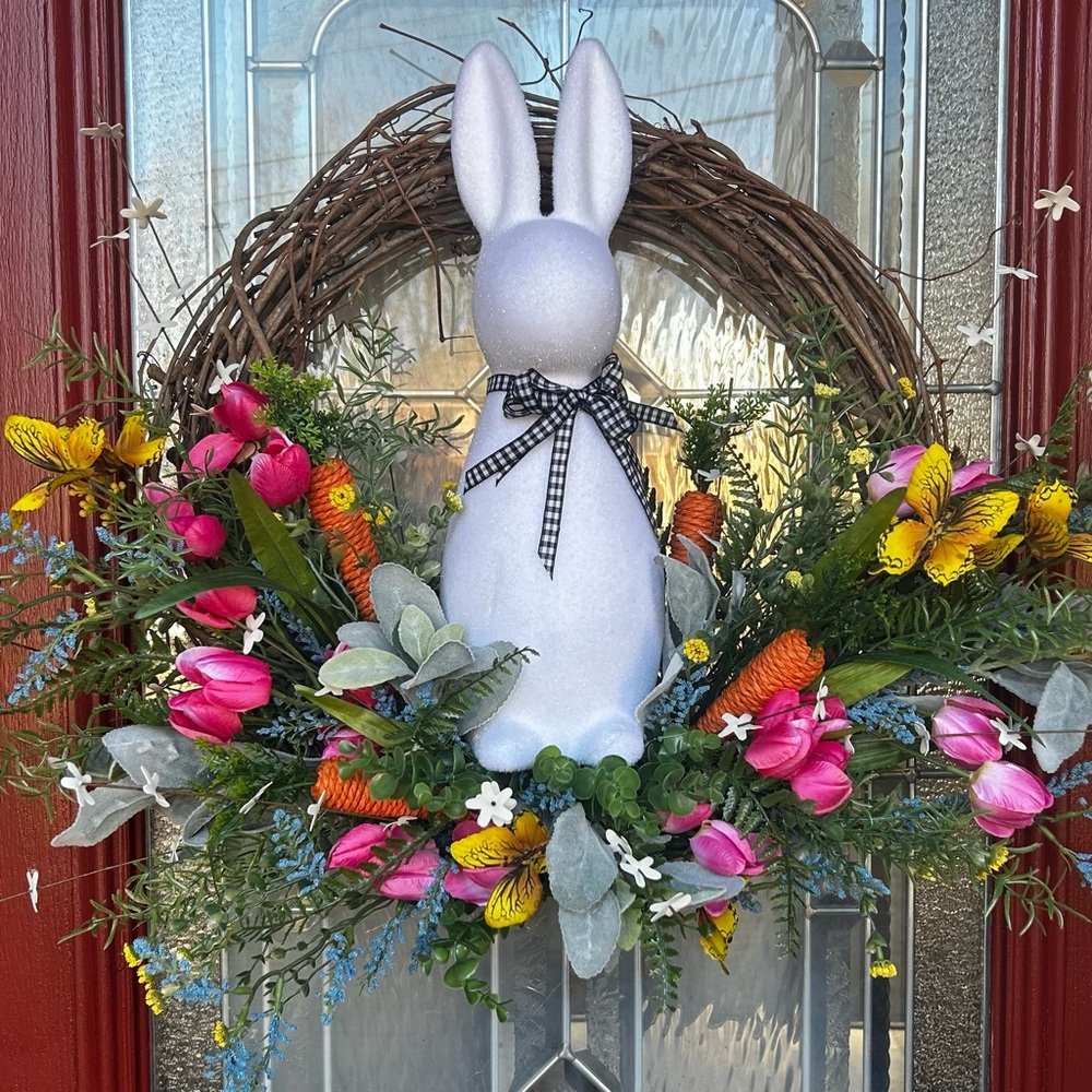 Easter Bunny Wreath with Pink and Yellow Flowers